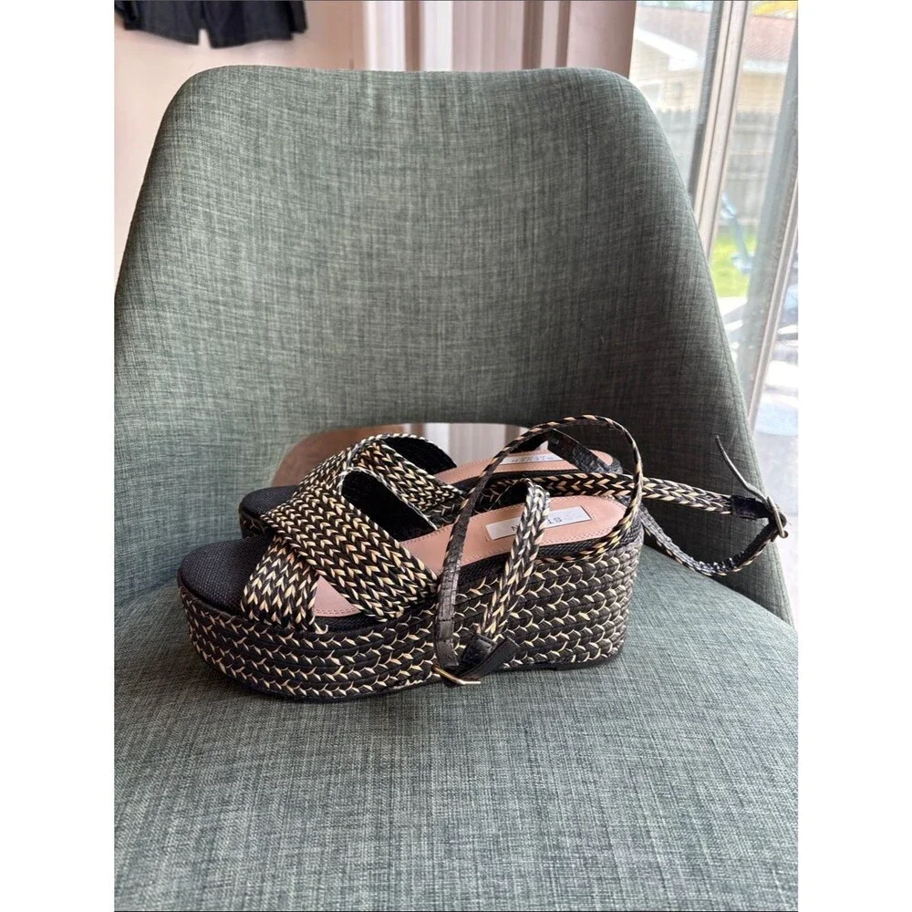 Steven women woven Black Natural tan Platform Sandals strappy resort 8.5 summer
